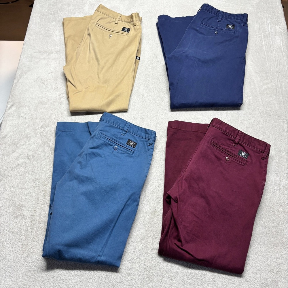 DC Shoes Co Chino Pants Mens 36x31 & 32Khaki Navy Blue Burgundy Lot of 4 EUC
